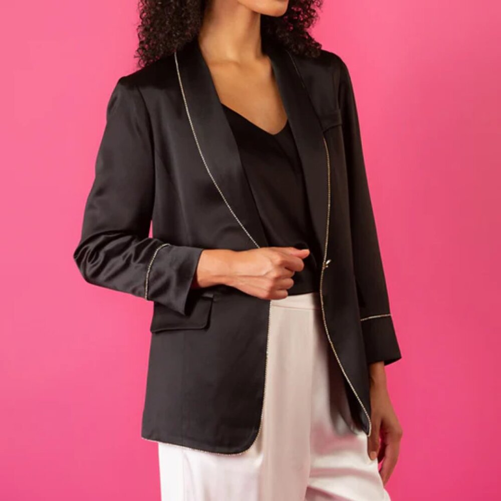 JESSIE LIU Black Crystal Poly Satin Blazer M $310